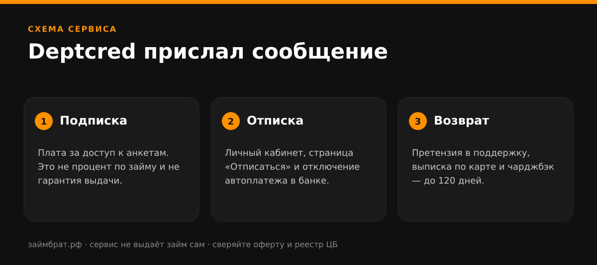 Инфографика Deptcred прислал сообщение: подписка, отписка и возврат денег