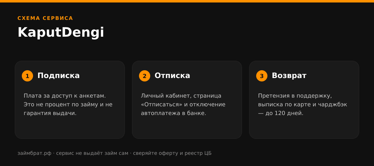 Инфографика KaputDengi: подписка, отписка и возврат денег