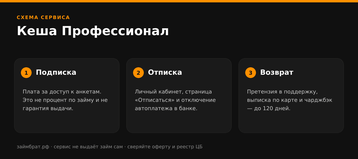 Инфографика Кеша Профессионал: подписка, отписка и возврат денег
