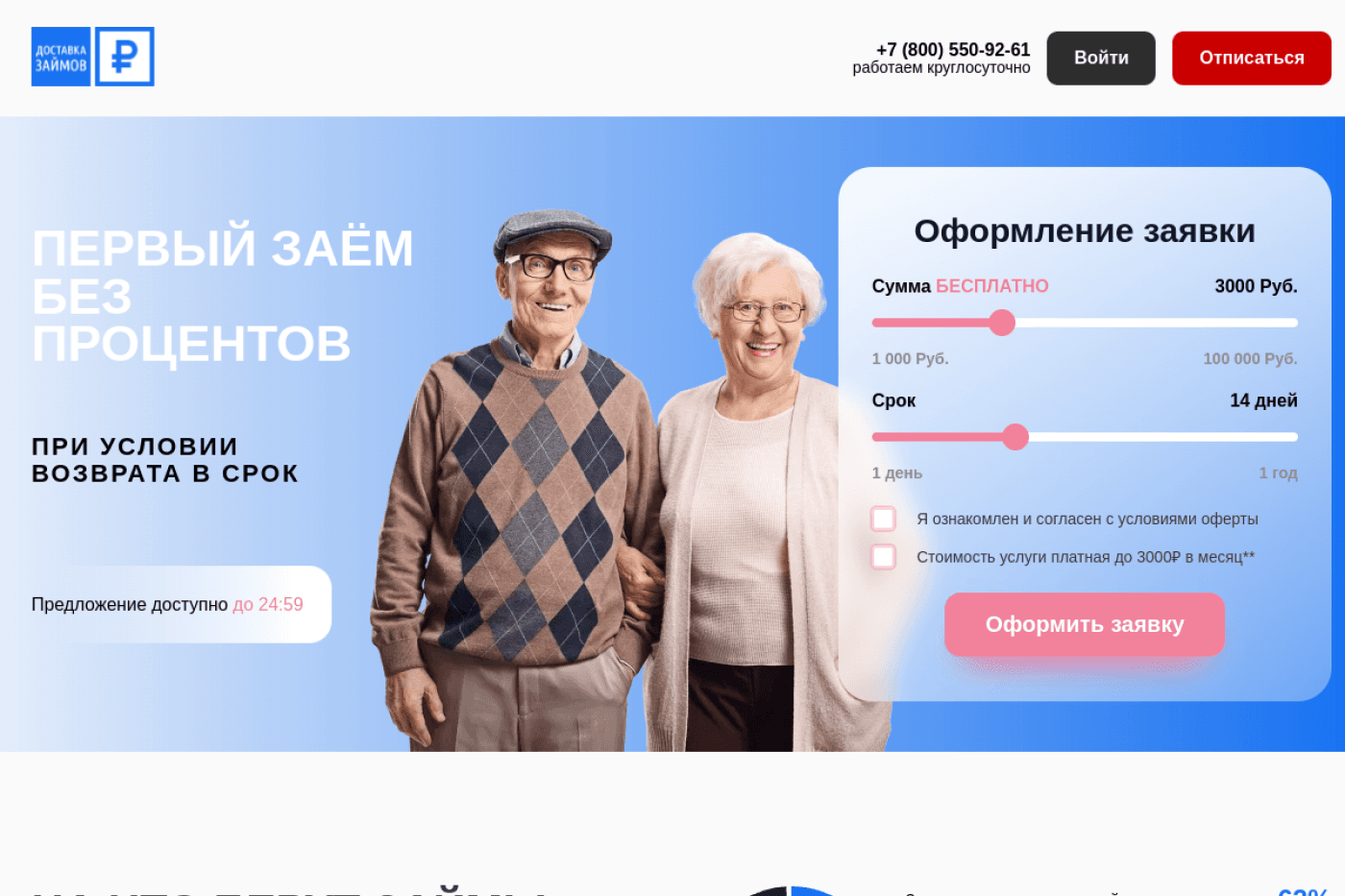 Десктопная версия novazaym.ru: форма заявки, слоган про займ под 0% и ссылки «Войти» и «Отписаться» в шапке